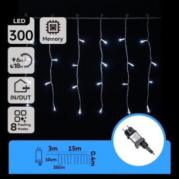 Aigostar - LED väljas kasutatav jõulukaunistuste rida 300xLED/8 funktsiooni 15x0,4 m IP44 külmvalge