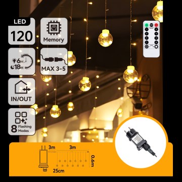 Aigostar - LED väljas kasutatav jõulukaunistuste valguskett 120xLED/8 funktsiooni 3x0,6m IP44 soe valge + kaugjuhtimispult