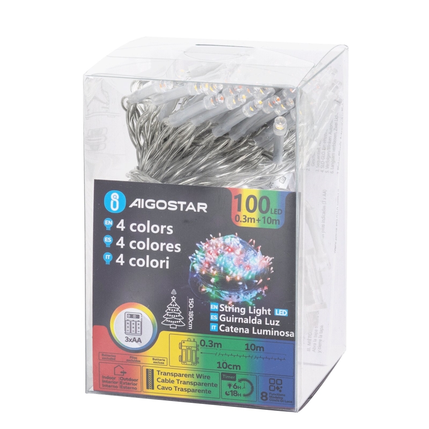 Aigostar - LED väljas jõulukett 100xLED/8 funktsiooni 3xAA 10,3m IP44 mitmevärviline