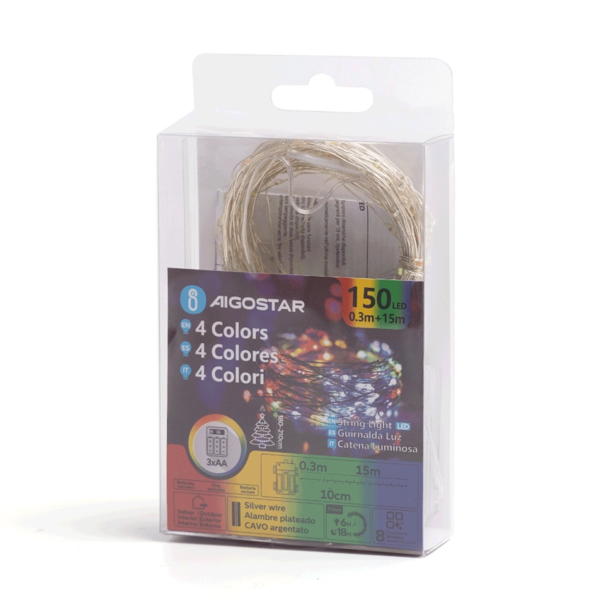 Aigostar - LED väljas kasutatav jõulukett 150xLED/8 režiimi/3xAA 15,3m IP44 mitmevärviline