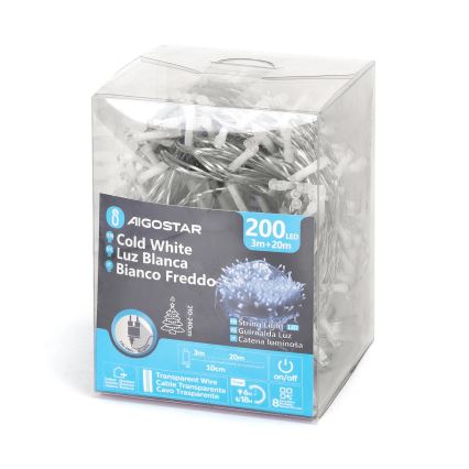 Aigostar - LED väljas kasutatav jõulukett 200xLED/8 funktsiooni 23m IP44 külmvalge