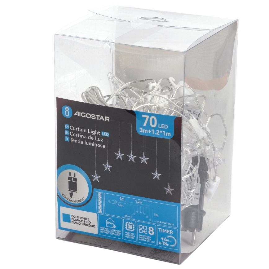 Aigostar - LED välistingimustele mõeldud jõulutuled, 70 LED, 1,2 × 1 m, IP44, külmvalge, tähekujulised