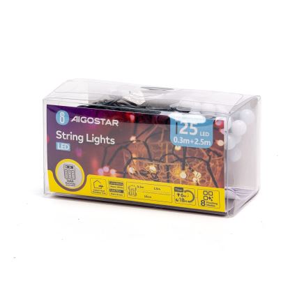 Aigostar - LED väljas kasutatav jõuluriba 25×LED/8 režiimi 3×AA 2,8 m IP44 soe valge