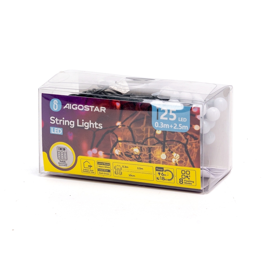 Aigostar - LED väljas kasutatav jõuluriba 25×LED/8 režiimi 3×AA 2,8 m IP44 soe valge