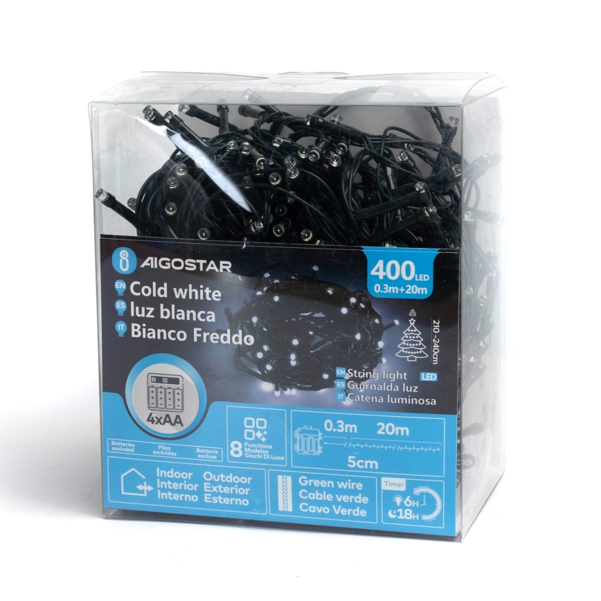 Aigostar - LED välistingimuste jõulukaunistuste rida 400xLED/8 funktsiooni 4xAA 20,3 m IP44 külmvalge