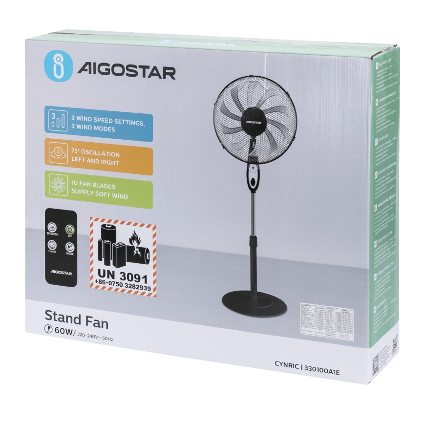 Aigostar - Seisev ventilaator 55W/230V 130 cm must + kaugjuhtimispult
