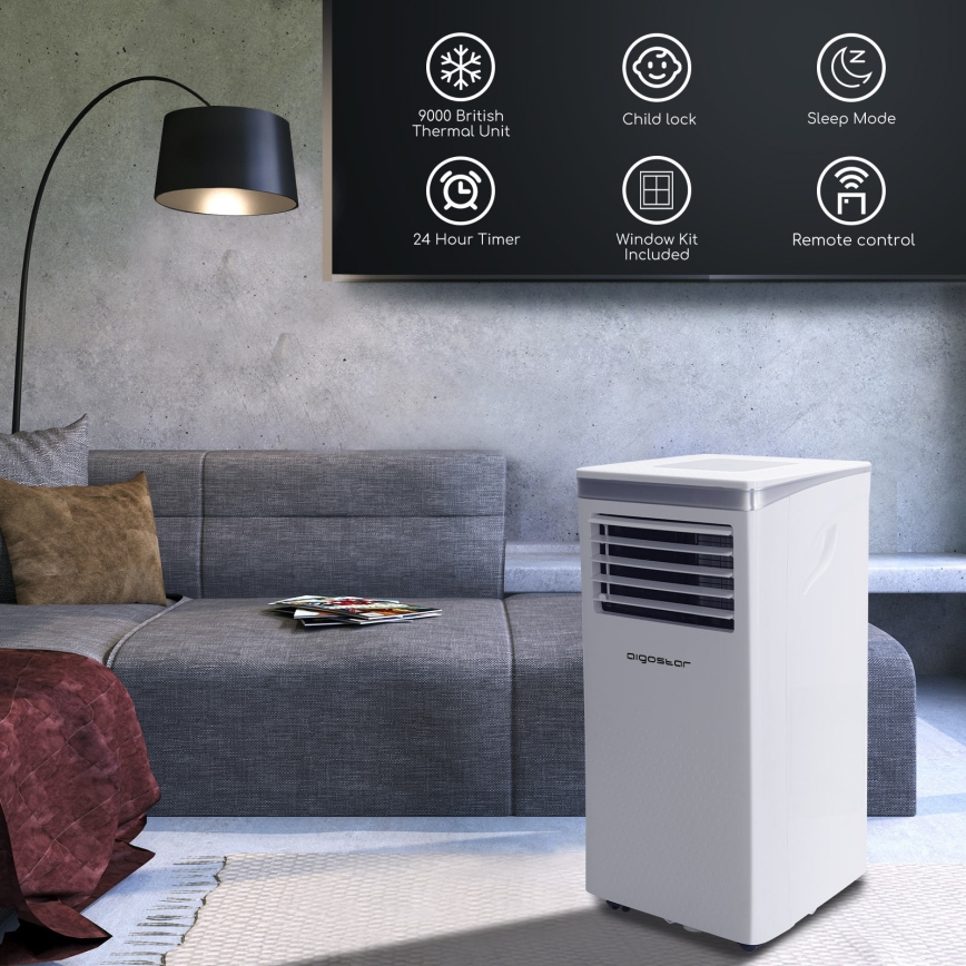 Aigostar - Nutikas mobiilne õhukonditsioneer 3-ühes 1003W/230V 9000 BTU Wi-Fi valge + kaugjuhtimispult