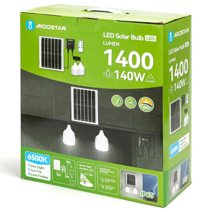 Aigostar - LED-päikeselühter anduriga 2xLED/70W/12V 12000 mAh 6500K IP65 läbimõõt 12 cm + kaugjuhtimispult