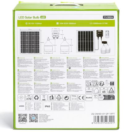 Aigostar - LED-päikeselühter anduriga 2xLED/70W/12V 12000 mAh 6500K IP65 läbimõõt 12 cm + kaugjuhtimispult