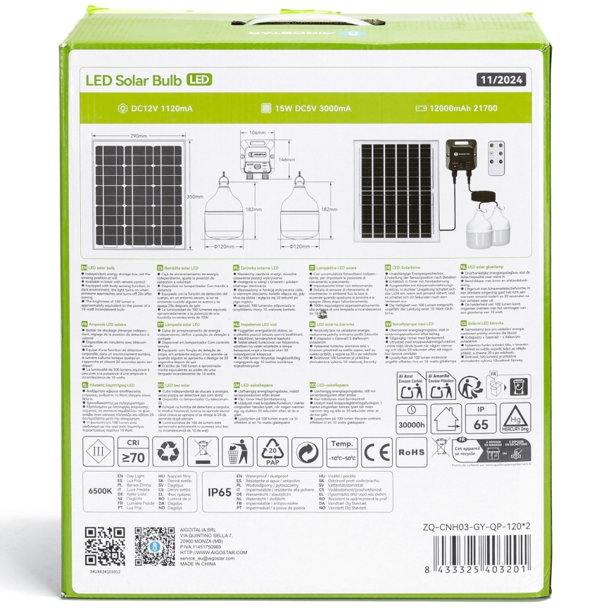Aigostar - LED-päikeselühter anduriga 2xLED/70W/12V 12000 mAh 6500K IP65 läbimõõt 12 cm + kaugjuhtimispult