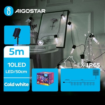 Aigostar - päikeseenergial töötav LED-valguskett 10xLED/8 funktsiooni 6,5m 500 mAh IP65 külmvalge