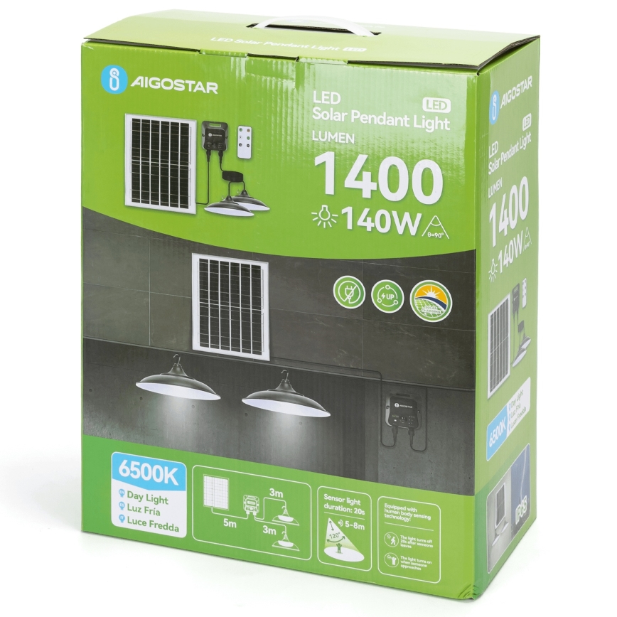 Aigostar - LED-päikeselamp anduriga 2xLED/70W/12V 12000 mAh 6500K IP65 läbimõõt 23,5 cm + kaugjuhtimispult