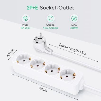 Aigostar - Pikendusjuhe 4Z Tüüp F 1,5m valge SCHUKO