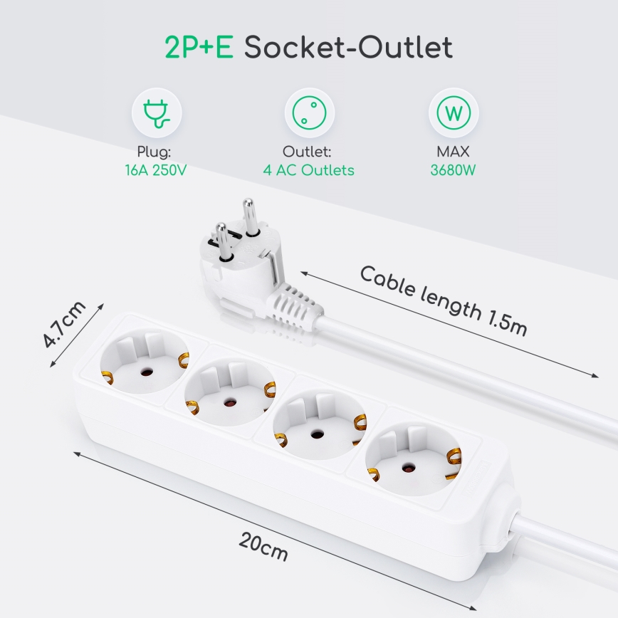 Aigostar - Pikendusjuhe 4Z Tüüp F 1,5m valge SCHUKO