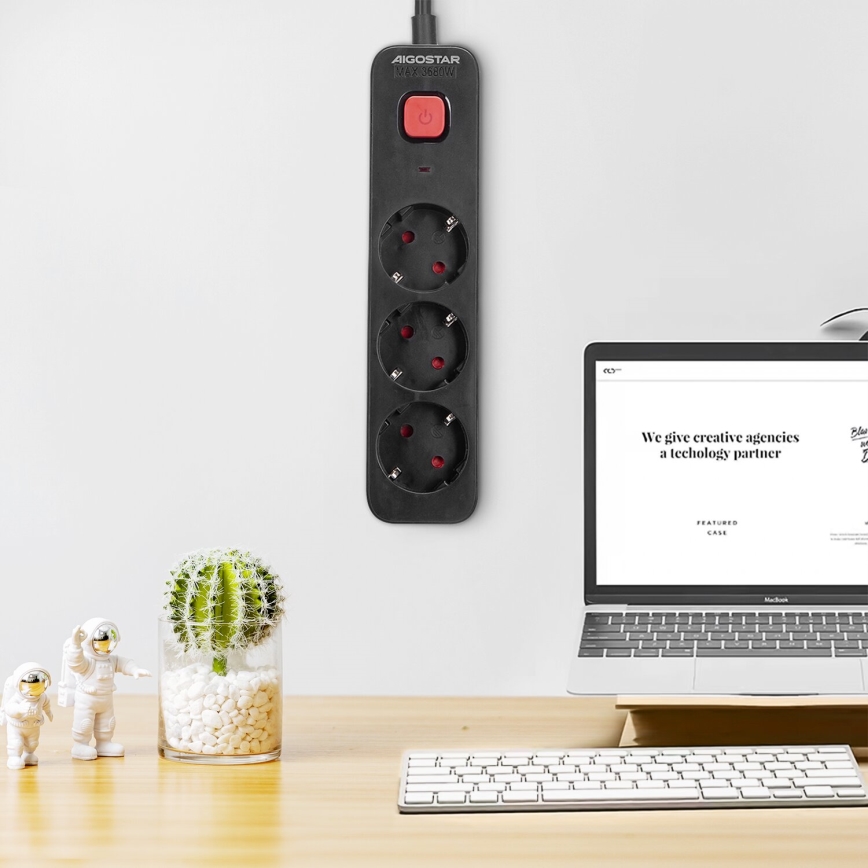 Aigostar - Pikendusjuhe lülitiga 3Z Tüüp F 1,5m must