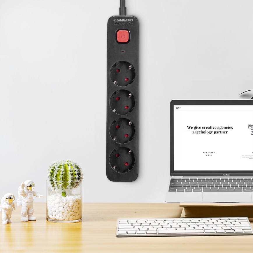 Aigostar - Pikendusjuhe lülitiga 4Z Tüüp F 1,5m must