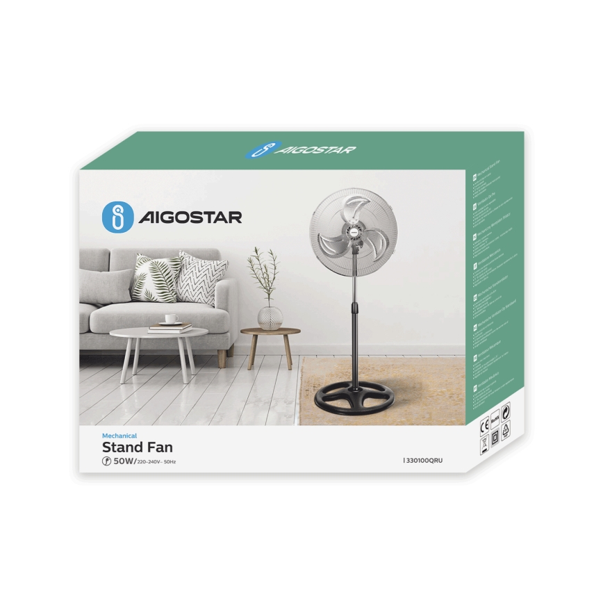 Aigostar - Põrandaventilaator 55W/230V läikiv kroom/must