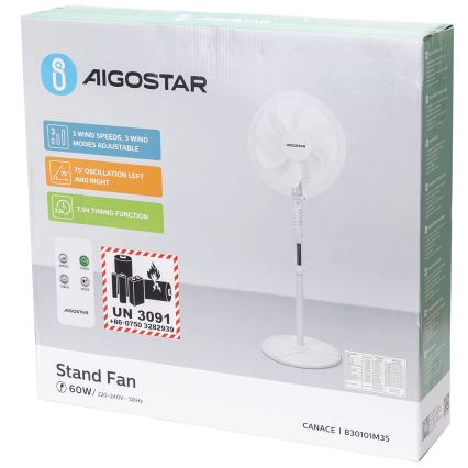 Aigostar - Põrandaventilaator 60W/230V valge + kaugjuhtimispult