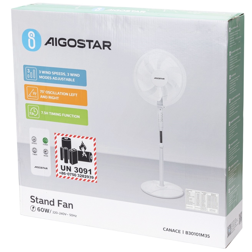Aigostar - Põrandaventilaator 60W/230V valge + kaugjuhtimispult