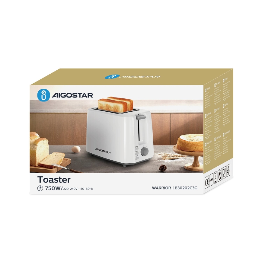 Aigostar - Röster, 2 auguga 750W/230V valge