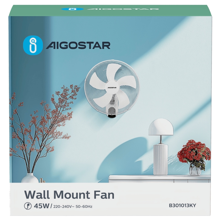 Aigostar -  Seinaventilaator 45W/230V valge + kaugjuhtimispult