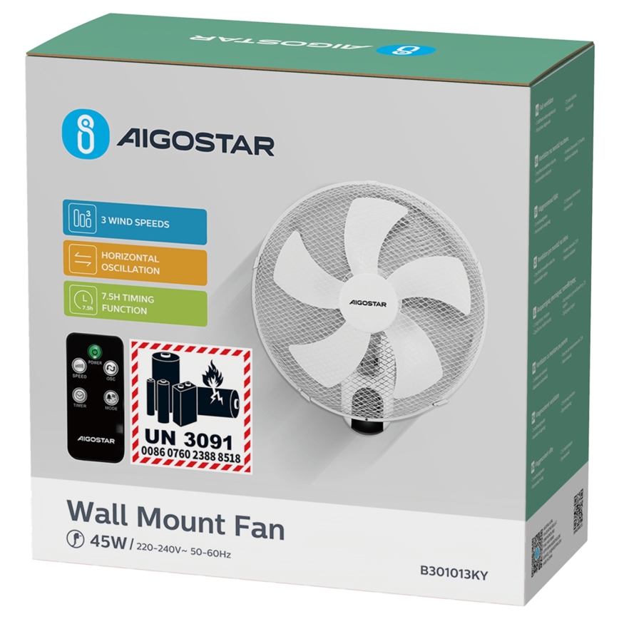 Aigostar -  Seinaventilaator 45W/230V valge + kaugjuhtimispult
