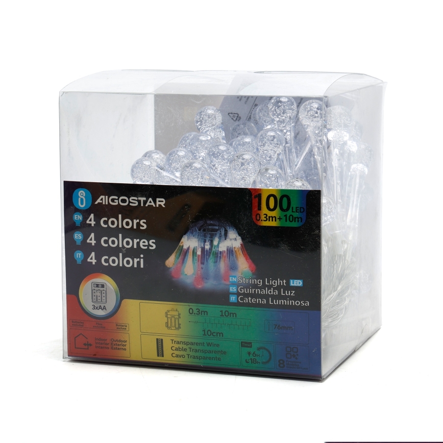 Aigostar - LED välitingimustes kasutatav jõulukett, 100 LED, 8 režiimi, 3xAA, 10 m, IP44, mitmevärvilised tilgad