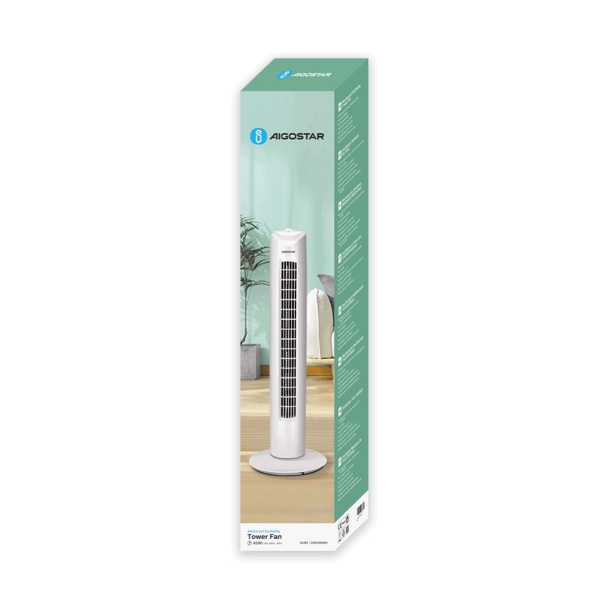 Aigostar - Tornventilaator 45W/230V valge