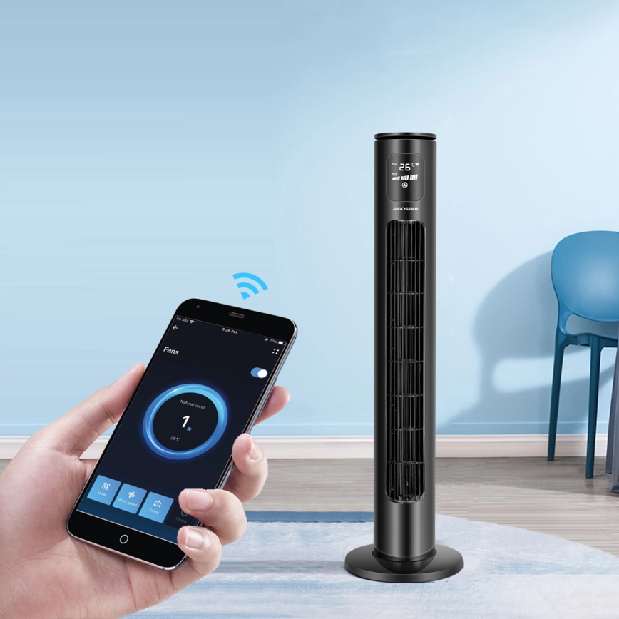 Aigostar - Tornventilaator 50W/230V must Wi-Fi + kaugjuhtimispult