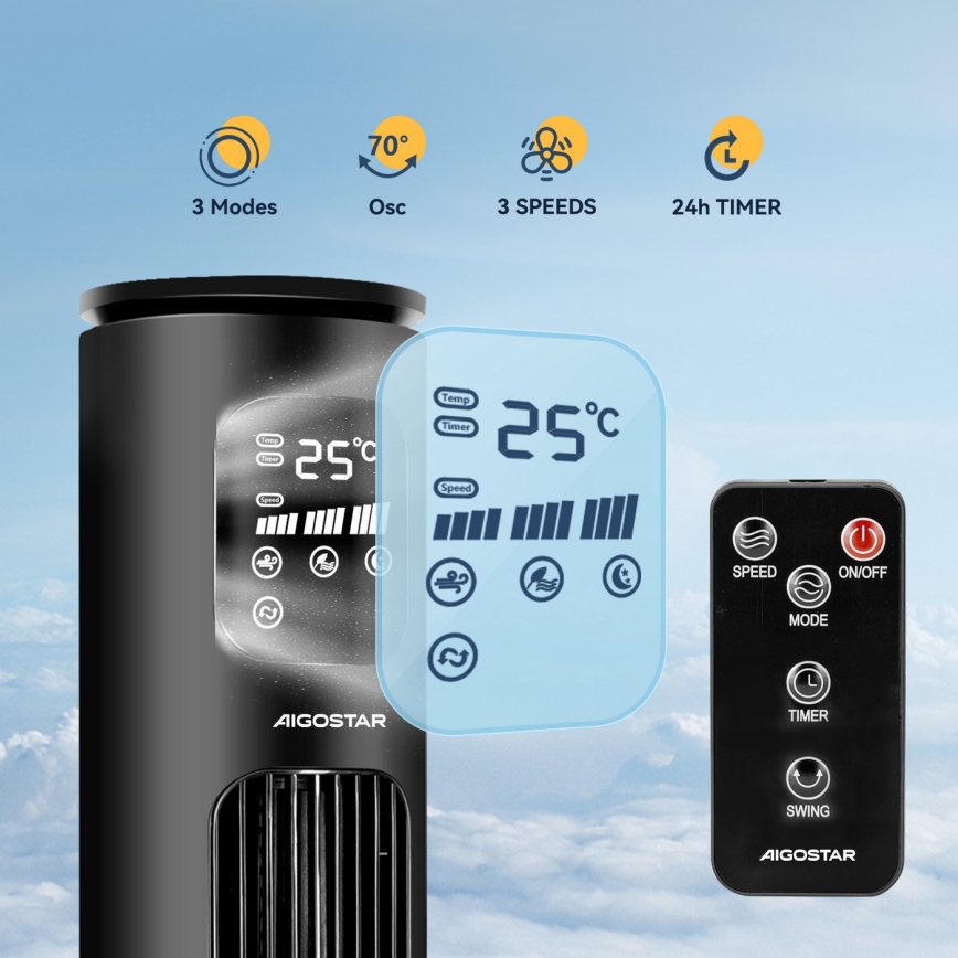 Aigostar - Tornventilaator 50W/230V must Wi-Fi + kaugjuhtimispult