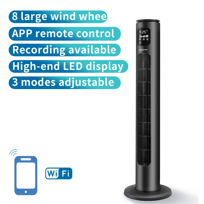 Aigostar - Tornventilaator 50W/230V must Wi-Fi + kaugjuhtimispult