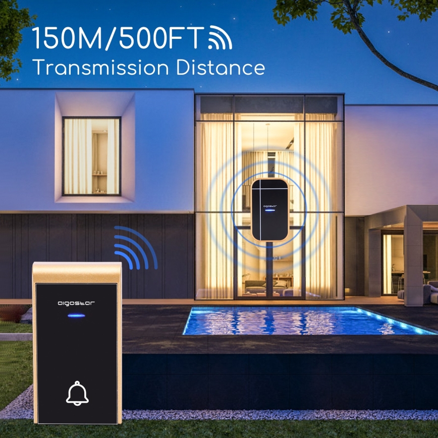 Aigostar - Juhtmevaba pistikusse ühendatav uksekell 230V/12V IP44 must