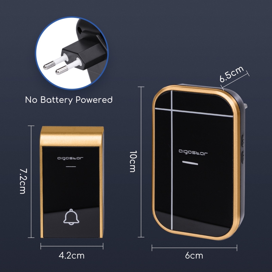 Aigostar - Juhtmevaba pistikusse ühendatav uksekell 230V/12V IP44 must