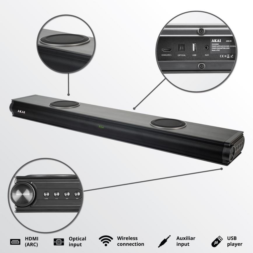 AKAI ASB-29 - Soundbar aktiivse subwooferiga 120W/230V + kaugjuhtimispult