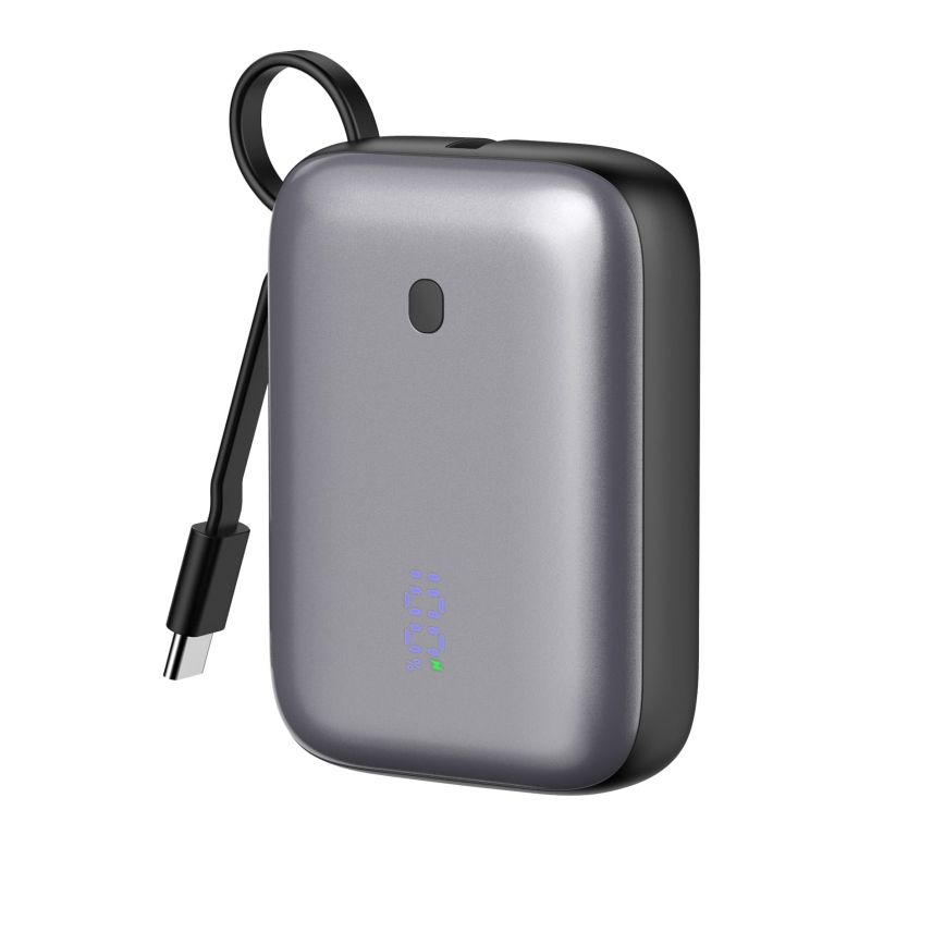 Akupank 10000 mAh 20W Power Delivery Compact sisseehitatud tagasitõmmatava USB-C kaabliga 1m must