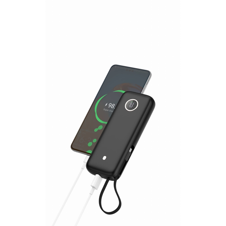 Akupank 20000 mAh, 1× USB-A + 2× USB-C, koos 1 m USB-kaabliga, must