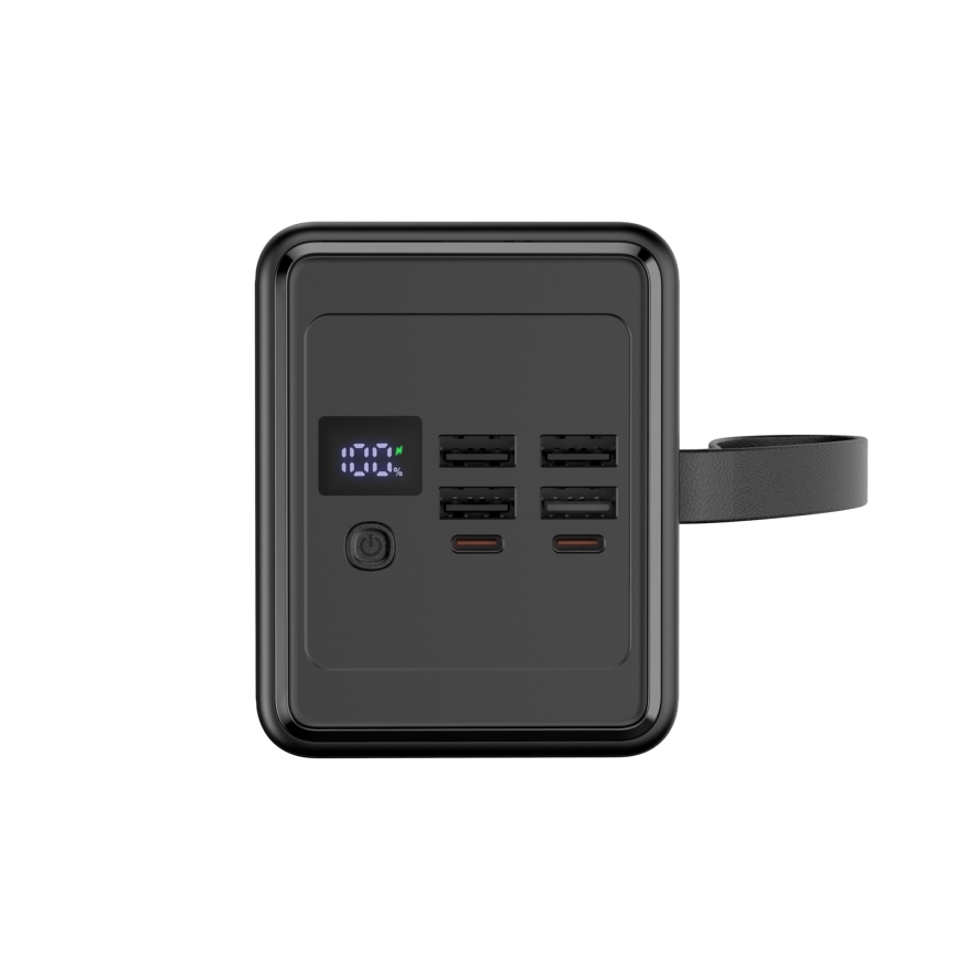 Akupank 70000 mAh, 20W Power Delivery, 4× USB-A + 2× USB-C, LED-taskulambiga ja 1 m USB-C-kaabliga, must