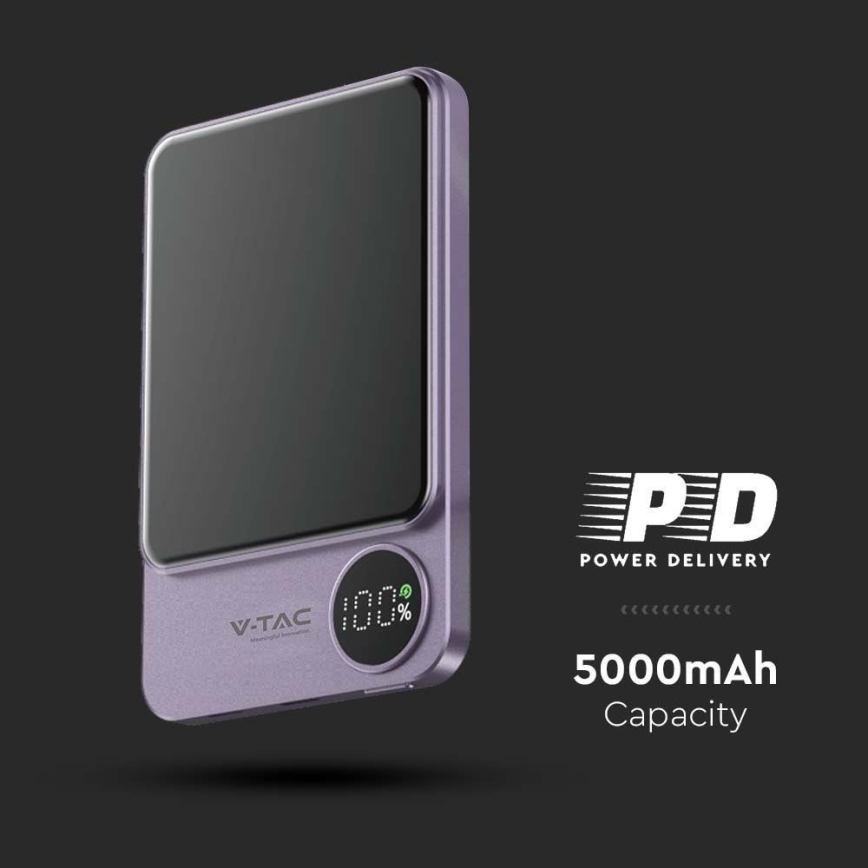 Akupank ekraani ja juhtmevaba laadimisega Power Delivery 5000mAh/20W/5V lilla
