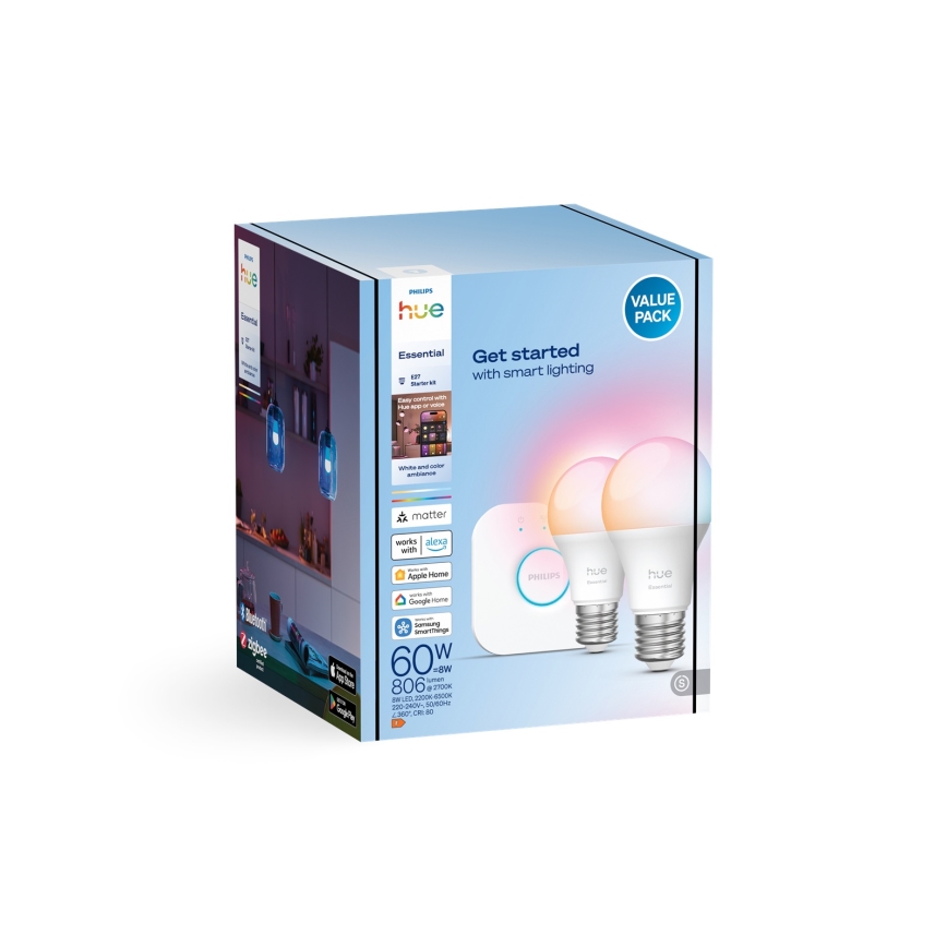 Algkomplekt Philips Hue White And Color Ambiance Essential 2xE27/8W/230V 2200-6500K + ühendusseade