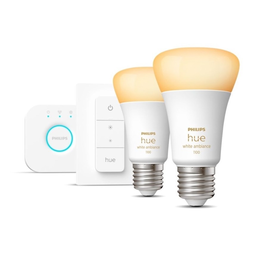 Algkomplekt Philips Hue WHITE AMBIANCE 2xE27/8W/230V + Hue Bridge ja hämarduslüliti