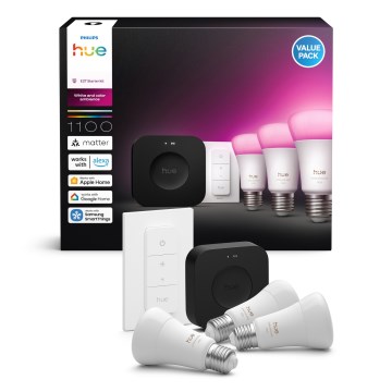 Algkomplekt Philips Hue WHITE AND COLOR AMBIANCE 3xE27/8,1W 1000-20000K + Hue Bridge ja hämarduslüliti