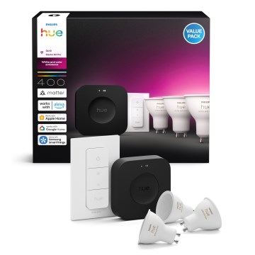 Algkomplekt Philips Hue WHITE AND COLOR AMBIANCE 3xGU10/4,2W 2000-6500K + Hue bridge ja dimmerlüliti