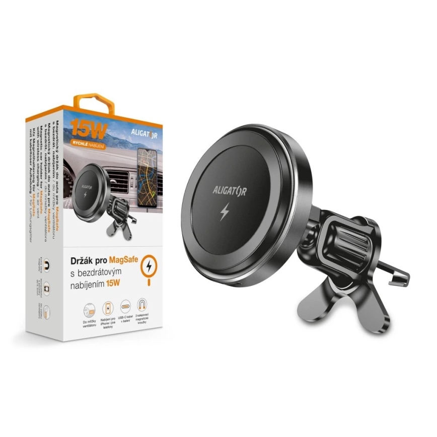 Aligator AMS05BK - magnetiline telefonipidaja autole koos Qi 15 W traadita laadimise ja MagSafe-ühilduvusega, must