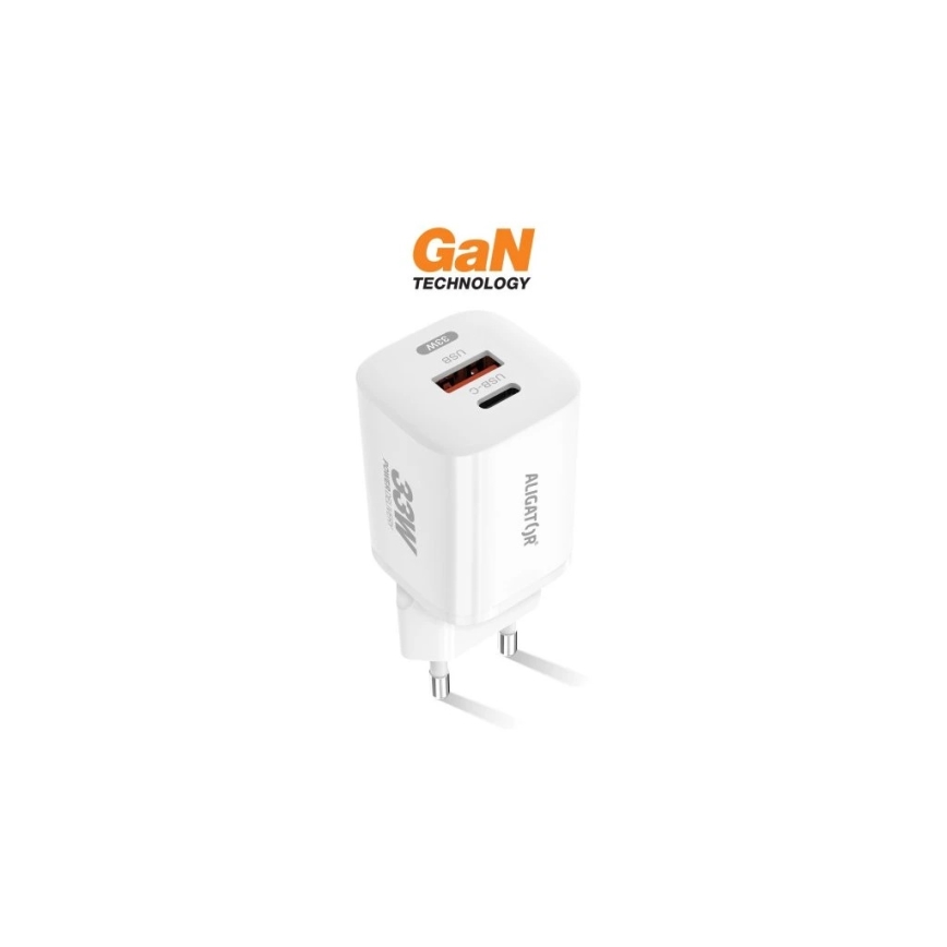 Aligator CHPD0020 - Kiirlaadimisadapter GaN Power Delivery 33W USB-A + USB-C valge