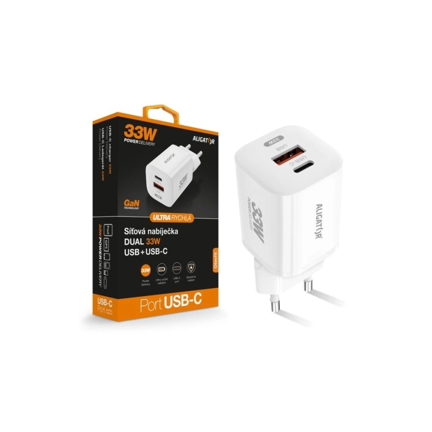 Aligator CHPD0020 - Kiirlaadimisadapter GaN Power Delivery 33W USB-A + USB-C valge