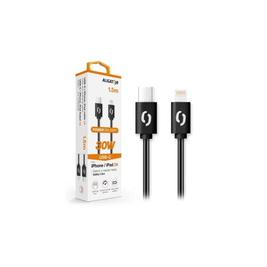 Aligator DATKP50 - USB-kaabel USB-C / Lightning, 30 W Power Delivery, 1,5 m, must