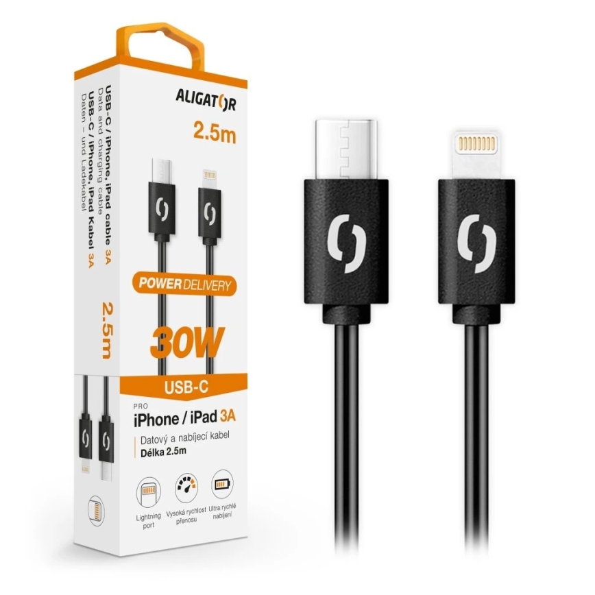 Aligator DATKP60 - USB-kaabel USB-C / Lightning, 30 W Power Delivery, 2,5 m, must