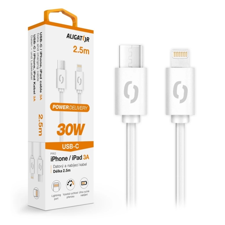 Aligator DATKP61 - USB-kaabel USB-C / Lightning, 30 W Power Delivery, 2,5 m, valge
