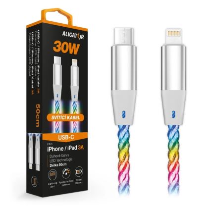 Aligator DATKP65 - USB-kaabel USB-C / Lightning LED-taustvalgustusega 30 W Power Delivery 0,5 m