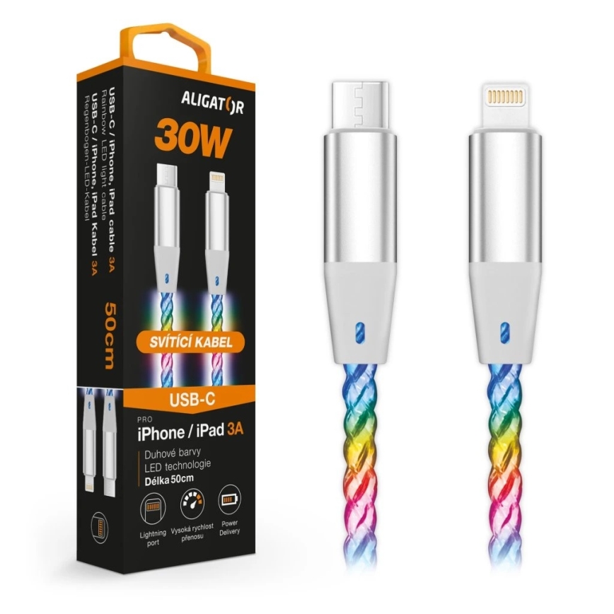 Aligator DATKP65 - USB-kaabel USB-C / Lightning LED-taustvalgustusega 30 W Power Delivery 0,5 m